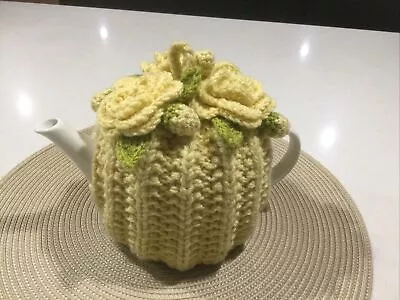 EXTRA THICK 4 Cup Tea Pot Cosy Hand Knitted Yellow…With  Crochet Roses & Buds • $25