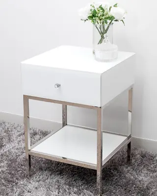 Glass Bedside Table With One Drawer White Modern Quality Storage Night Stand • £99.99