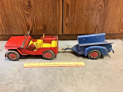 Vintage Pressed Steel Louis Marx Willys Jeep And Trailer Toy Box Fresh Find • $89.95