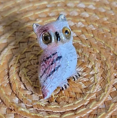 Vintage Owl Brooch Pin Sugar Coated Frosted Enamel White Pink Gold Tone Eyes • $14.35