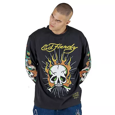 Ed Hardy Men's Black Vintage Wash Crew Neck Long Sleeve T-shirt • £62.95