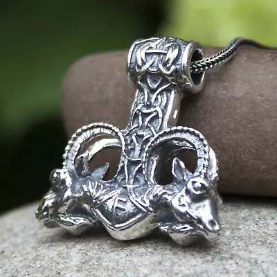 Large Viking Mjolnir Hammer Pendant Necklace With Thors Goats Sterling Silver  • $162