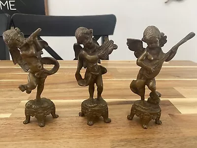 Three Vintage Brass Bronze Cherub Angels Set - Lyre Flute & Lute - 3 Figurines • $54.99
