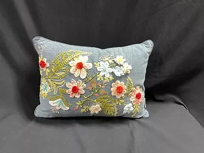 Primrose Vintage Decorative Pillow Denim Blue Embellished Embroidered 19x14 • $27.49