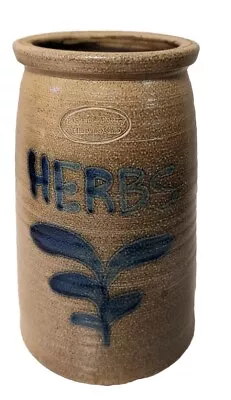 B Stebner Vase Crock Herbs Clay Tan Blue Salt Glazed 9 Inches • $115