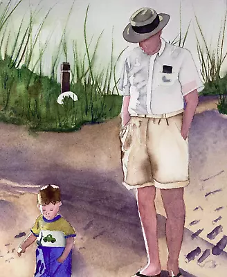 Original  Painting Cape Cod Grandfather Grandparent Grandchild Beach Family Sand • $84.36