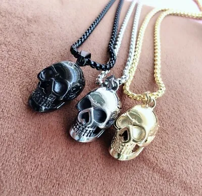 Men Silver Gothic Skull Necklace Stainless Steel Chain Pendant Retro Bikers Gift • £4.49