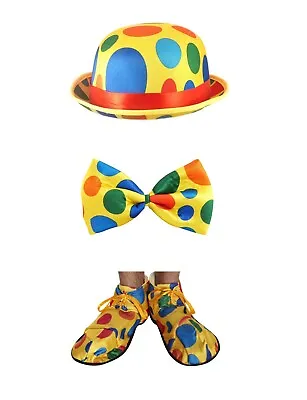 Yellow Clown Fancy Dress Set Polka Dot Silly Party Costume Shoes Hat Bow Tie • £8.99