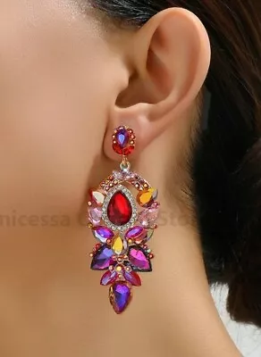 3  AB Red Pink Rhinestone Chandelier Earrings Fashion Jewelry Prom Pageant Glam • $13.95