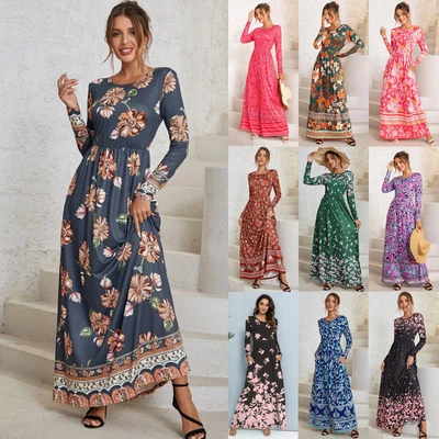 £15.76 • Buy Womens Long Sleeve Printed Casual Holiday Long Maxi Floral Party Dress SIZE 6-24
