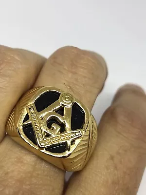 1980's Vintage Golden Stainless Steel Black Onyx Size 11 Men's Free Mason Ring • $44