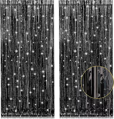 2 Pack 3.2Ft X 8.2Ft Black Tinsel Foil Fringe Curtains Metallic Foil Tinsel Pho • $10.68