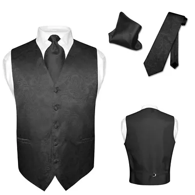 Men's Dress VEST NeckTie For Suit Tuxedo BLACK Color PAISLEY Design Tie Hanky XL • $25.95