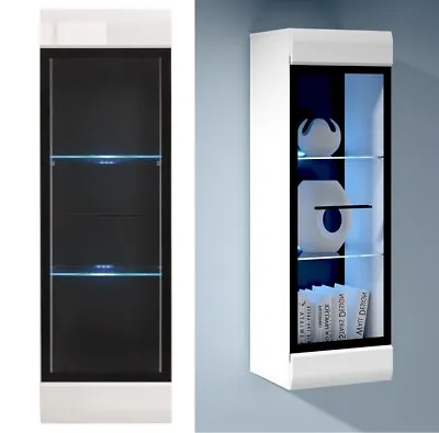 Wall Display Cabinet Glass Door LED Lights Shelving Unit White High Gloss Fever • £159.95
