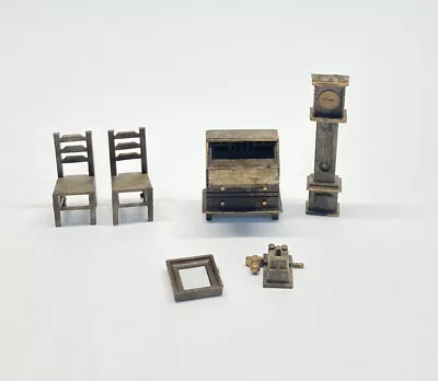 Vintage Dollhouse Miniature Plastic Study Furniture Set Clock Desk Chairs Mirror • $13