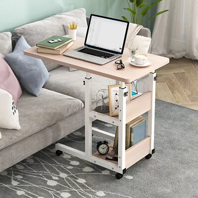 Mobile Over Bed Table Overbed Height Adjustable Laptop Tray Stand 2 Shelves Desk • £24.99