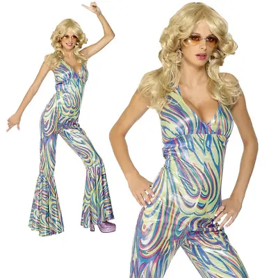 Adult 70s 70's Music Theme Retro Disco Catsuit Womens Fancy Dress Costume New • £40.99