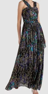 $790 Shoshanna Womens Black Metallic Lotus Printed Halter Neck Maxi Dress Size 8 • $253.18