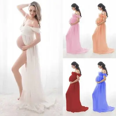 Pregnant Womens Off Shoulder Maxi Dress Maternity Photo Shoot Photography Gown • £15.09