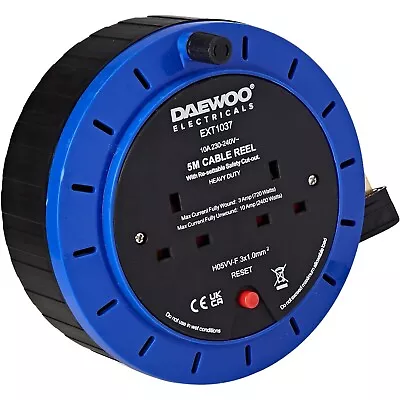 Daewoo Heavy Duty 2 Way 5 Metre Cable Extension Reel 10AMP 240V UK Plug- EXT1037 • £11.85