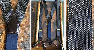 Nwot Vtg Nylon Blue Ecru Textured Nylon Suspenders Braces Oxblood Red Leather • $20