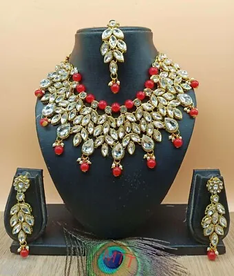 Indian Bridal Choker Bollywood Necklace Earrings Tikka Jewelry Set Pearl • $13