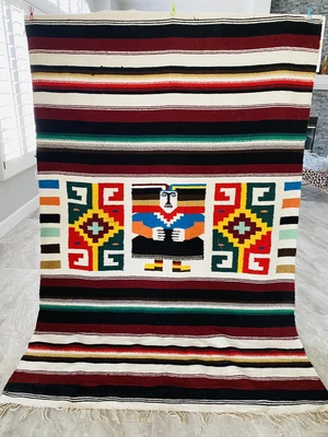 $550 • Buy VINTAGE 1960'S HAND WOVEN MAYAN ZAPOTEC MEXICO MULTICOLOR  RUG BLANKET 89 X 60 