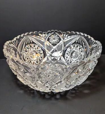 Vintage ABP Large Heavy Cut Glass Bowl Starburst Pattern Sawtooth Rim 8.5  X 3  • $34.99