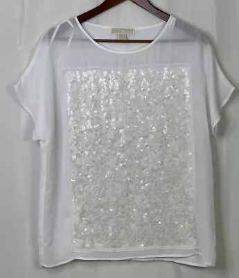 Michael Kors Poly Short Sleeve Sequin Panel Semi-Sheer Blouse Womens Size MEDIUM • $26.50