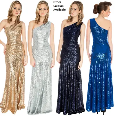 £49.99 • Buy Goddiva Long Sequin One Shoulder Evening Maxi Gown Dress Prom Ball Party 8-14
