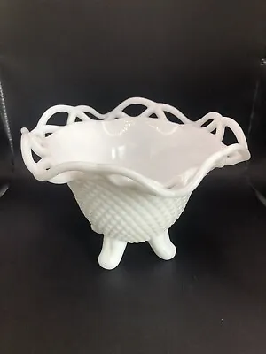 Imperial White Milk Glass Four Footed Bowl English Hob Nail With Lace Edge 1951 • $12.50