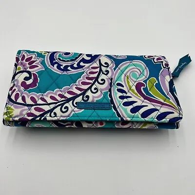 Vera Bradley Trifold Wallet Petal Paisley Blue Purple Strap VGUC • $14.95