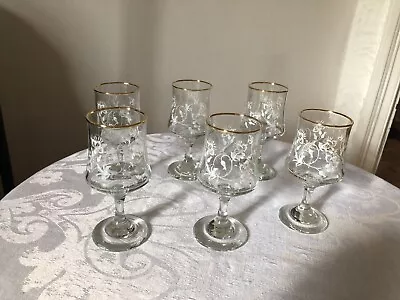 Set Of 6 Vintage Sherry Glasses Gold Rim White Painted Flowers • £12.95