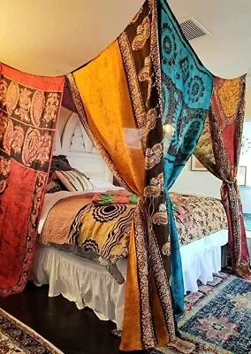 Beach Bed Canopy Vintage Saree Silk Bed Canopy Drapes Vintage Fabric Bed Canopy • £121.51