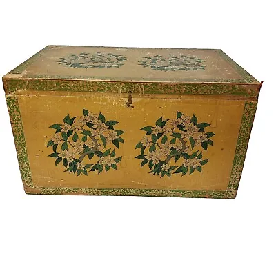 Wood Tea Shipper Box Metal Lined Paper Wrapped Apple Blossoms Yellow Hinged Lid • $74.95