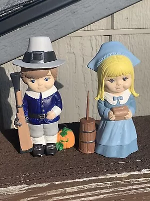 Lot Of 2 Vintage Thanksgiving Pilgrim Figurines - Boy & Girl - CUTE!! • $8