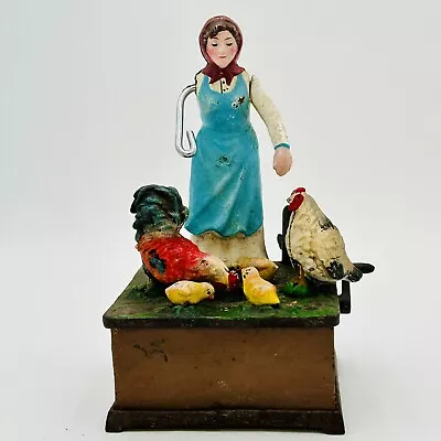 Vintage Cast Iron Mechanical Bank With Woman Feeding Chickens Works Missing Arm • $32.94