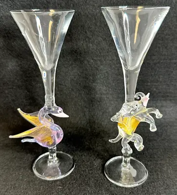 Pair Of Italian Hand Blown Murano Martini Art Glass W/Elephant & Swan Figurines • $85