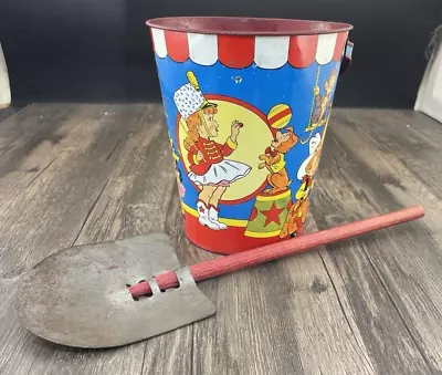 Vintage Ohio Art Tin Lithograph Sand Pail & Shovel Circus Majorette Red Yellow • $24.99