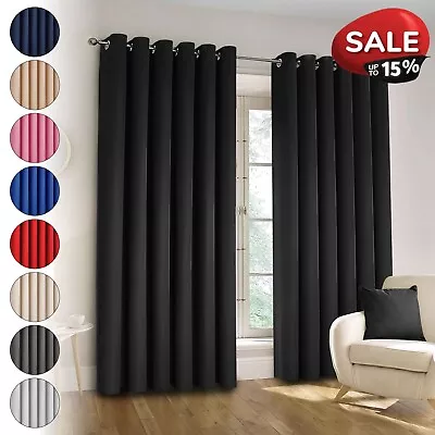 Plain Blackout Eyelet Curtains Ready Made Ring Top Thick Curtains With Tie Backs • £21.99