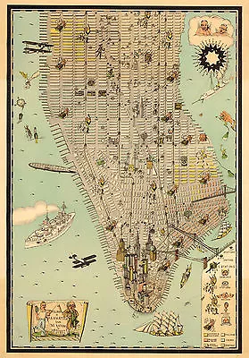 Pictorial Map Of Manhattan From The Battery To 59th St. Art Poster School Office • $13.95