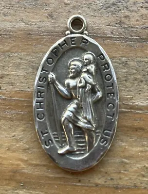 Vtg. St. Christopher Sterling Oval Pendant--Free Ship • $29.99