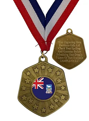 Falkland Islands National Flag 66mm Abril Gold Medal & Ribbon Engraved Free • £7.99