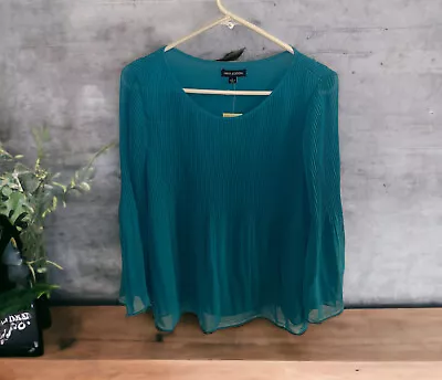 NWT Max Edition Boho Flowy Pleated Blouse Size L Emerald Green Sheer Sleeve • $29.99