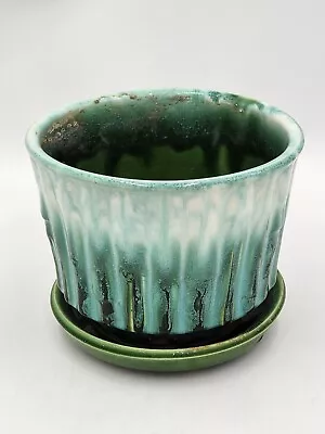 Vintage McCoy 0373 Bamboo Planter With Attached Saucer Green Drip MCM • $27.99