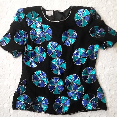 Vtg Stenay Blouse Shirt Top Sequin Beaded Black 100 Silk Blue Floral Large Women • $24.99