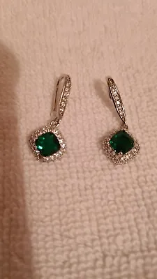 £19.99 • Buy Silver Plated Emerald  Drop Earrings With White Diamond  Surround  