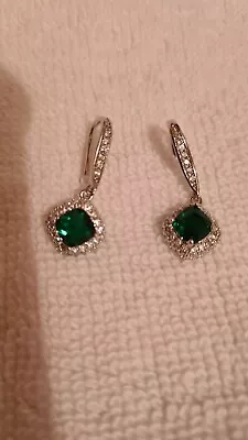£19.99 • Buy Silver Plated Emerald  Drop Earrings With White Diamond  Surround  