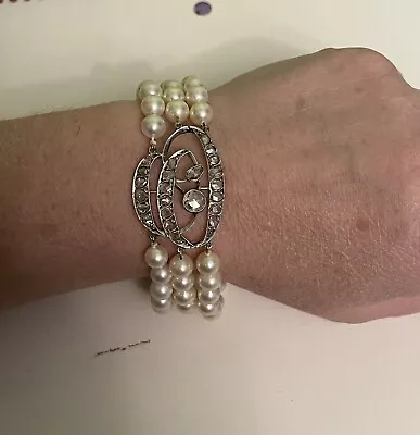 Vintage 14K White Gold Triple Strand Pearl & Diamond Bracelet • $999