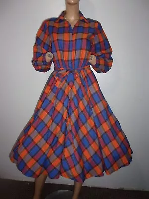 Vtg 70's Cotton Long Sleeve Plaid Rockabilly Full Sweep Circle Day Dress M • $20